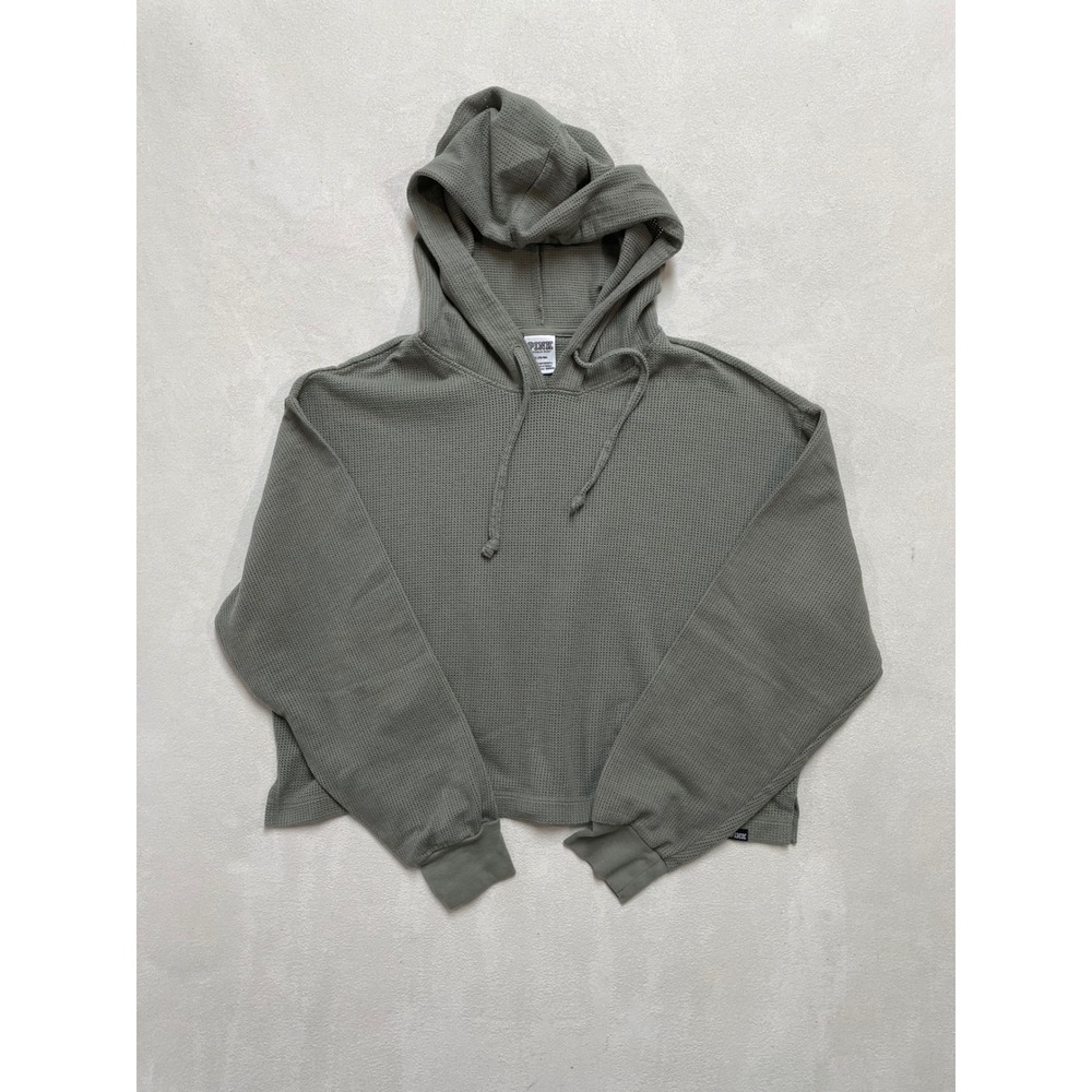 Pink Victoria's Secret Waffle Knit Cropped Y2K Hoodie Sage Green Medium Pullover